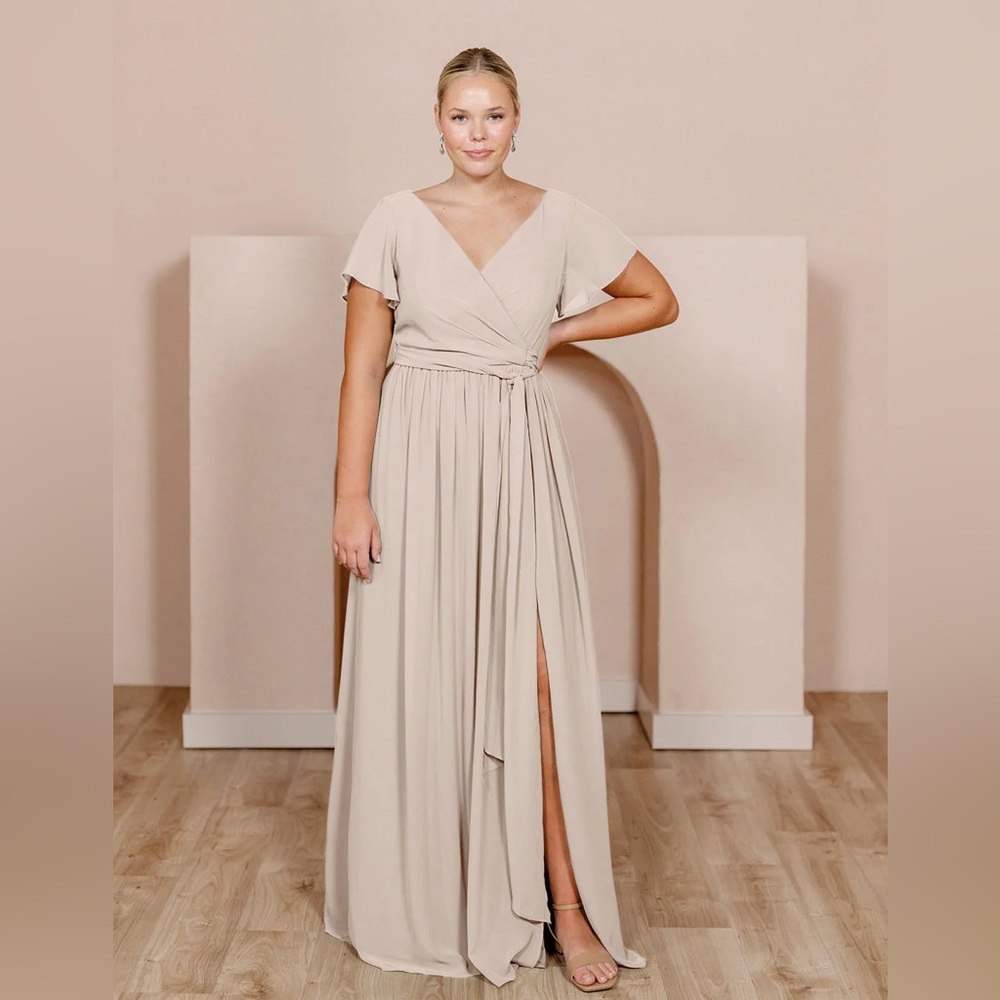 Harper Chiffon Faux Wrap Dress | Revelry | Champagne Bridesmaid Dress | Size 10
